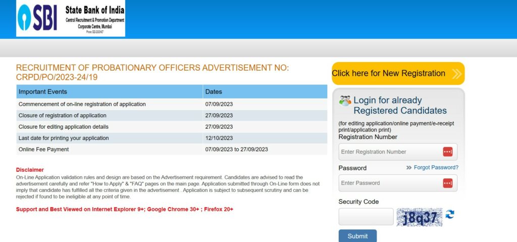 Registration page for SBI PO 2023.
